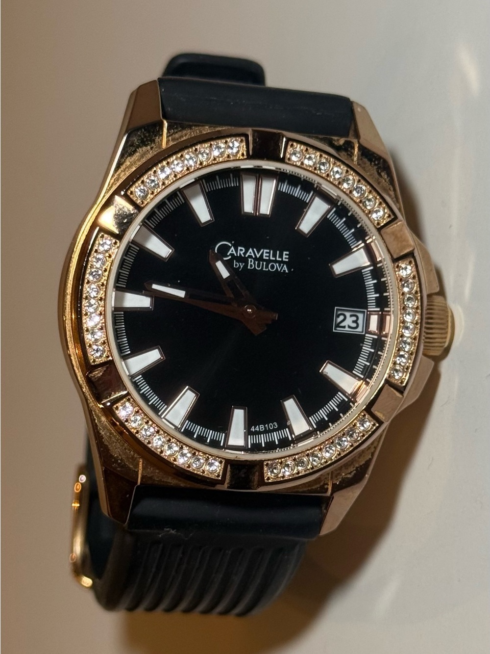 Caravelle by Bulova Gold-Tone Crystal Accent Black Watch Men